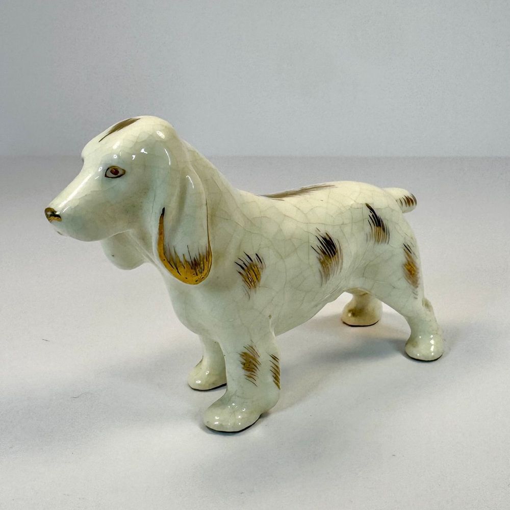 Mid Century Erphila Dog Figurine | German Porcelain Hound with Crackle Glaze